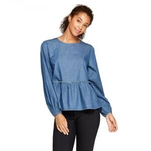 Universal Thread Women's Long Sleeve Chambray Peplum Top Lightweight Size L Blue